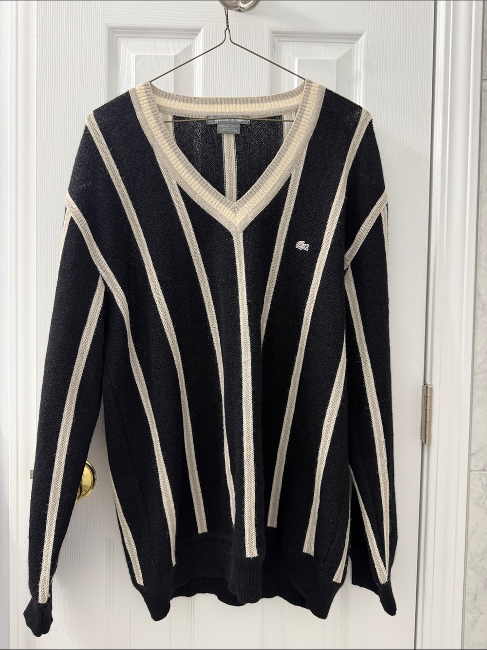 Vintage Lacoste Black V-Neck 100% Baby Alpaca Sweater with Cream Stripes